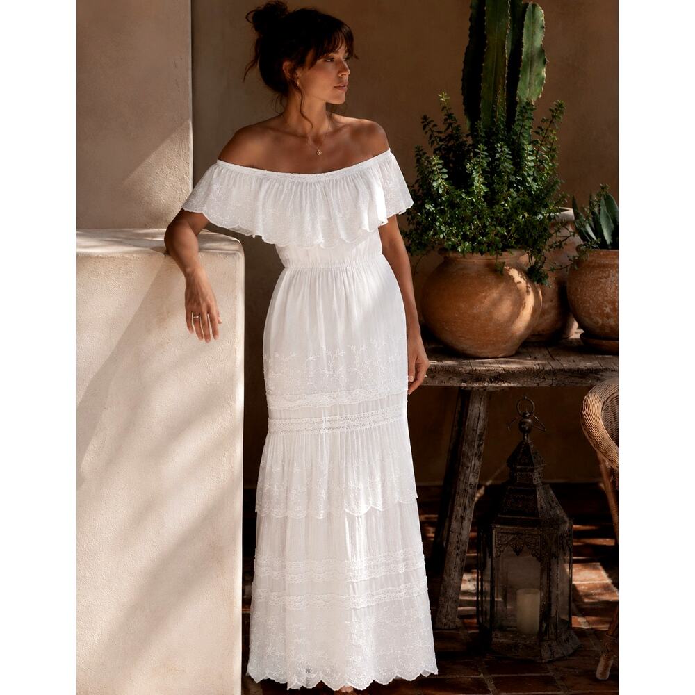 Alice+Olivia 8 Embroidered Off Shoulder Cotton Maxi Dress $498 Elastic Waist